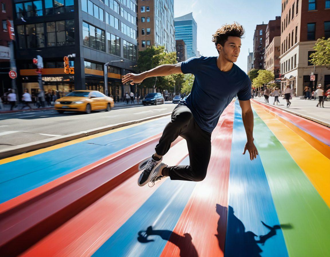A dynamic scene capturing a person mid-slide, showcasing fluid body movements with graceful transitions. Surrounding them are motion blur effects, emphasizing speed and fluidity alongside abstract shapes representing energy and momentum. The background features a modern urban landscape, enhancing the sense of motion. Bright, vibrant colors create an energetic atmosphere, inviting viewers to feel the thrill of sliding. super-realistic. vibrant colors. dynamic composition.
